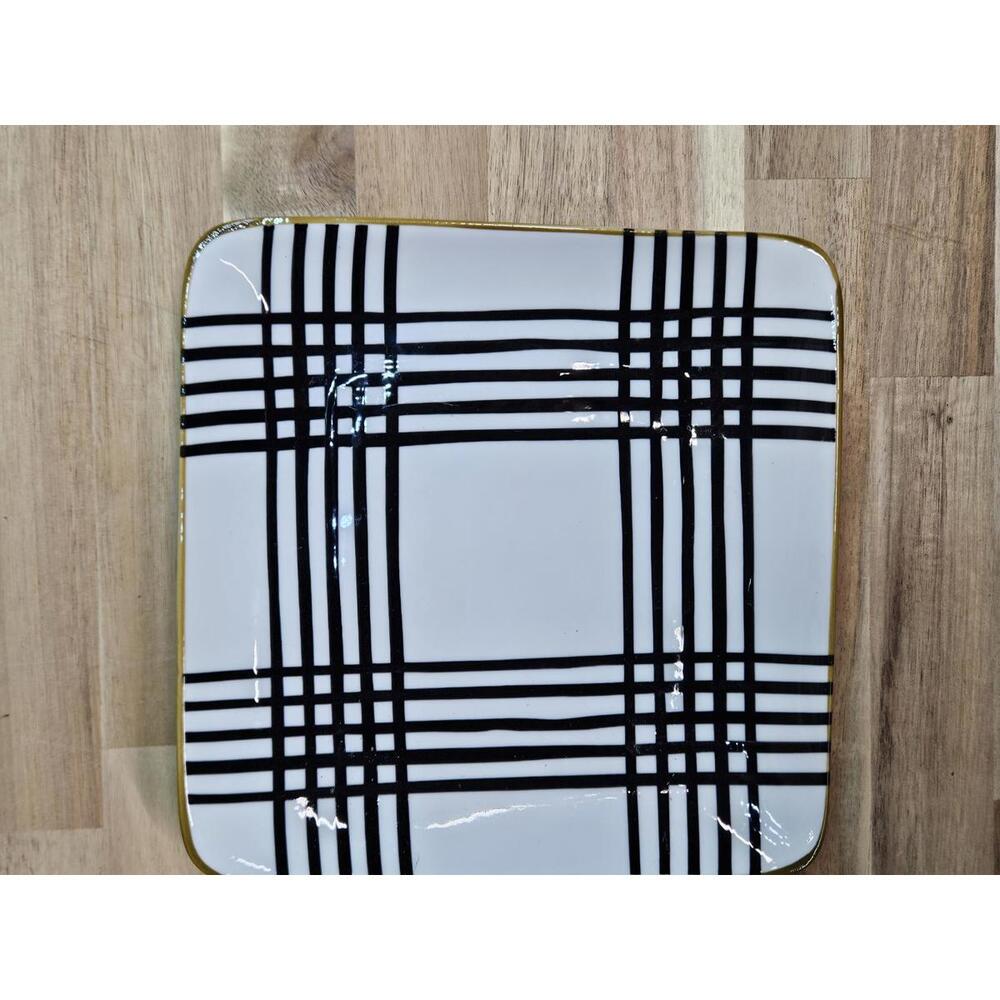 ​Set of 2 Over and Back Stoneware Plates Black & White Checkered and Plaid 6.5" - Picture 5 of 11